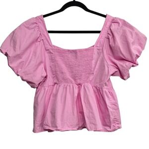 Old Navy Cotton Pink Puff Sleeve Babydoll Top L Cottagecore Coquette Feminine